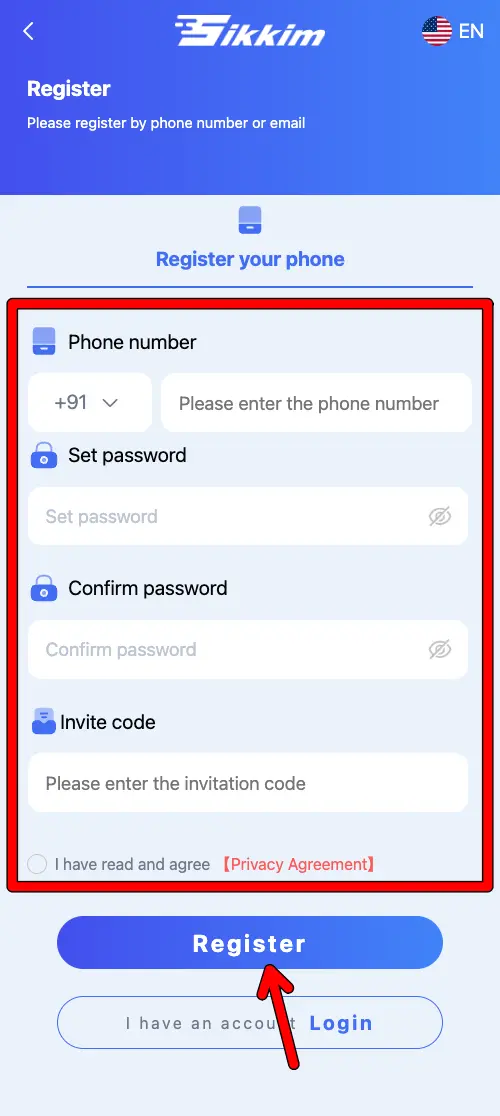 Sikkim Game Register Screen Preview